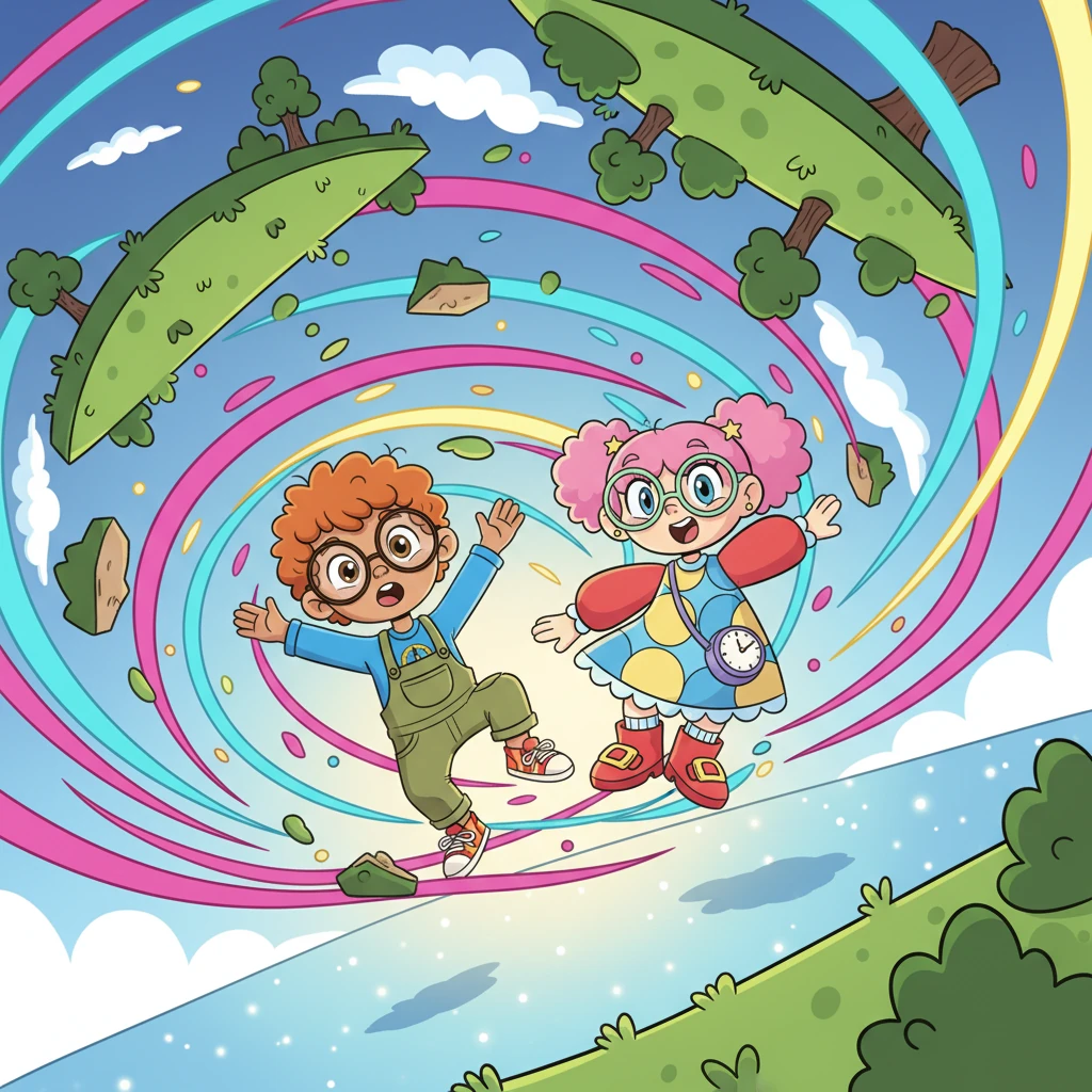 Before they can step away, the magical mirror shimmers brightly and pulls them in with a gentle tug. They tumble through a swirling vortex of vibrant light and playful shadows. The twins land softly in a topsy-turvy world where the sky glows beneath their feet and the ground floats merrily above their heads.