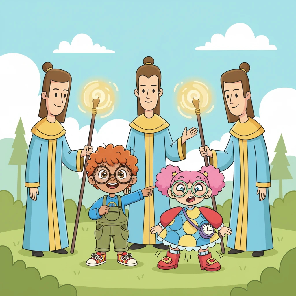 Suddenly, polite guards with gleaming, glowing staffs surround the twins, speaking in courteous tones. Gideon, feeling a prickle of fear, bravely speaks up with newfound courage. Gidette, trying to confidently rush forward, finds her legs comically stuck in place.