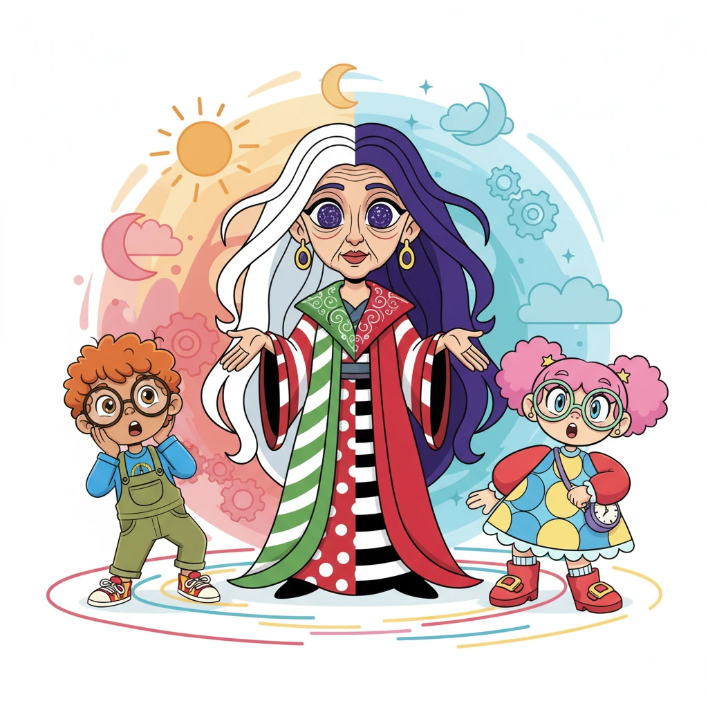 An ancient, wise woman from this land of opposites appears, her eyes sparkling with ancient knowledge. She reveals that to return home, each twin must momentarily become the complete opposite of their true nature. It's a challenging task, but the only way back.