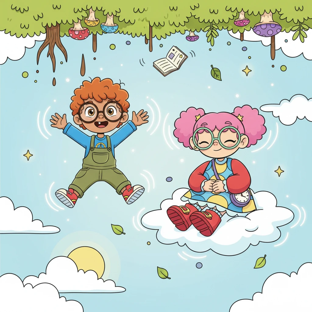 Gideon, usually a planner, impulsively acts without a single thought, while Gidette, always on the go, embraces stillness and patience. As they embrace their opposite selves, the entire world around them begins to tremble playfully. The floating sky and ground slowly, magically swap places.