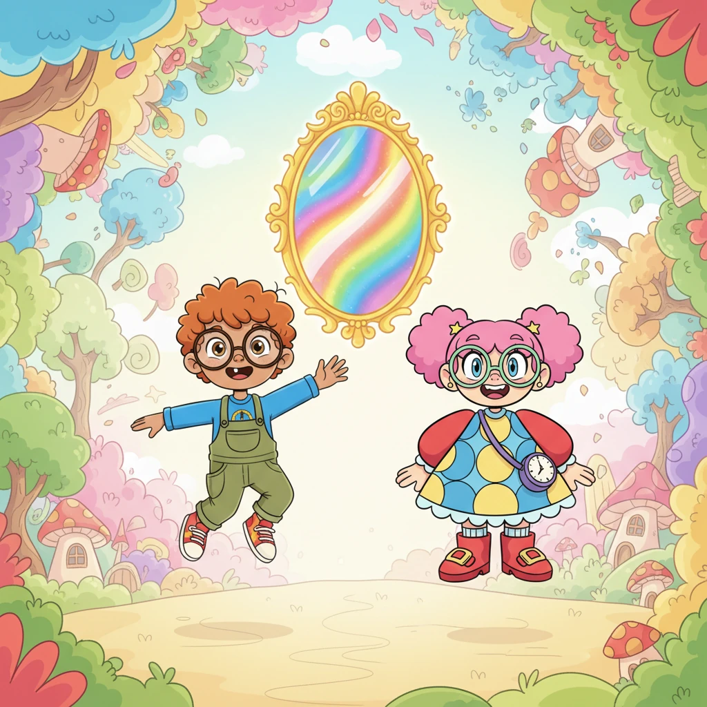 A brilliant, new mirror materializes in the air, radiating an inviting, shimmering glow. With a shared look of determined courage, the twins leap towards it. The entire opposite world dramatically folds in on itself like a vibrant dream gently fading away.