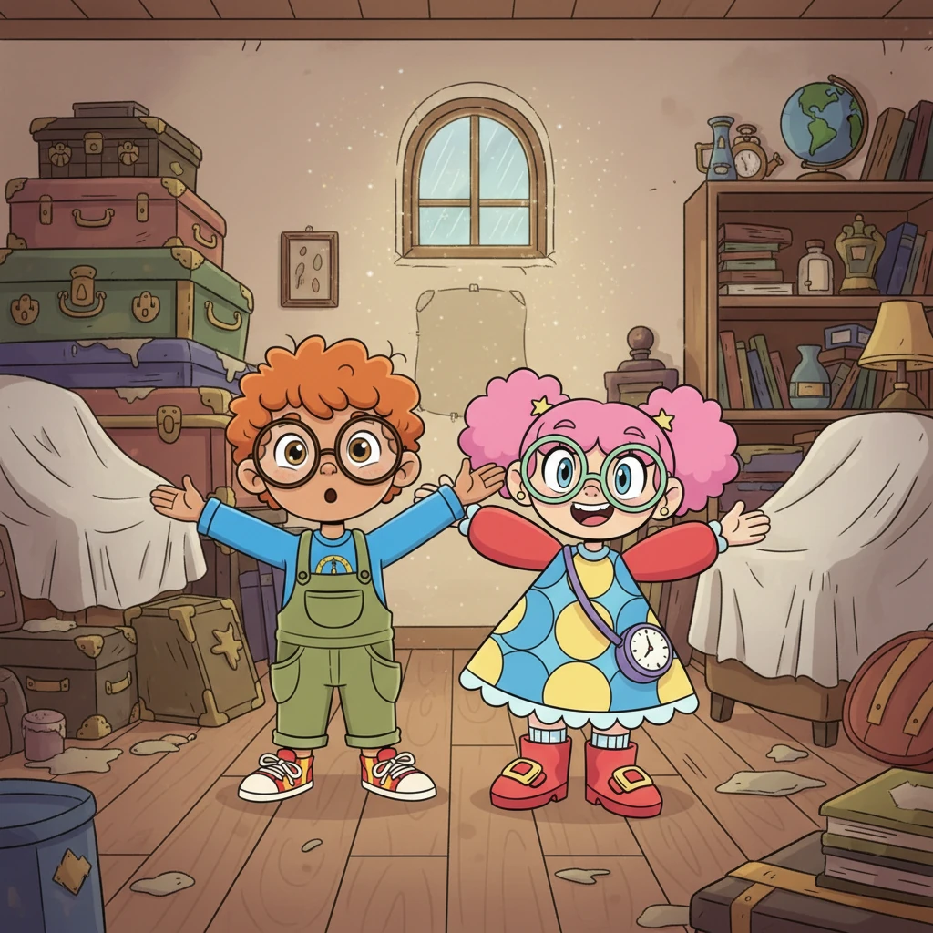 They land with a soft thud back in their grandmother's familiar, dusty storeroom, the rain now falling normally outside. The magical mirror is gone, leaving behind only a faint shimmer of dust and the quiet, wondrous echo of their incredible, unforgettable adventure.