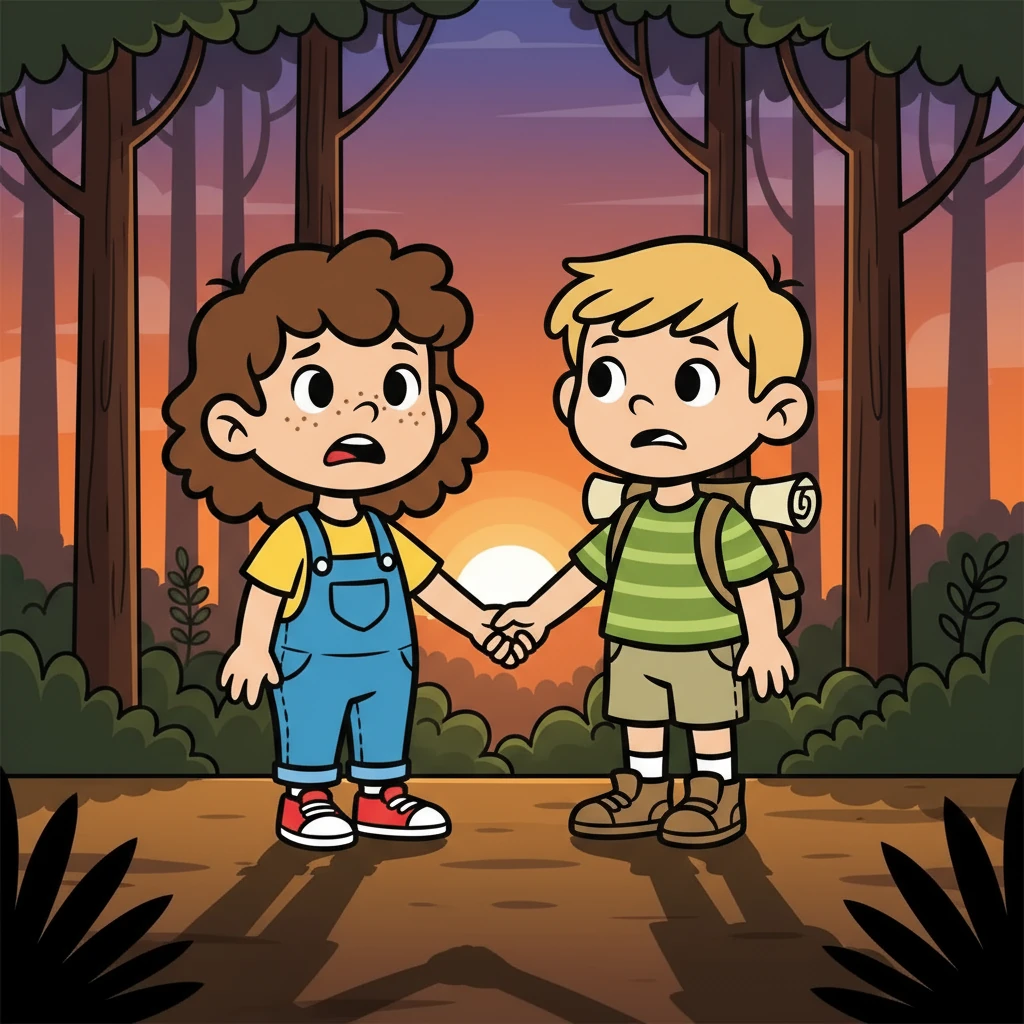 As the sun began to dip below the trees, casting long shadows, Lily and Tom realized they were lost. Fear flickered in their eyes, but they held onto each other's hands, their bond strengthening in the face of adversity. They knew they had to be brave.