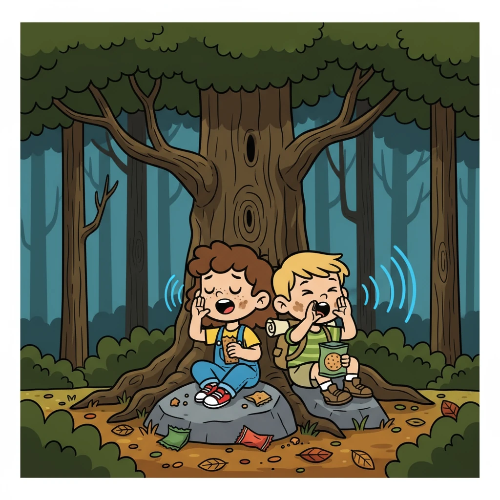 Exhausted and hungry, Lily and Tom huddled together, sharing the last of their snacks. They remembered their parents' words: 'Never give up hope.' This thought gave them strength. They decided to call out for help, their voices echoing through the trees.