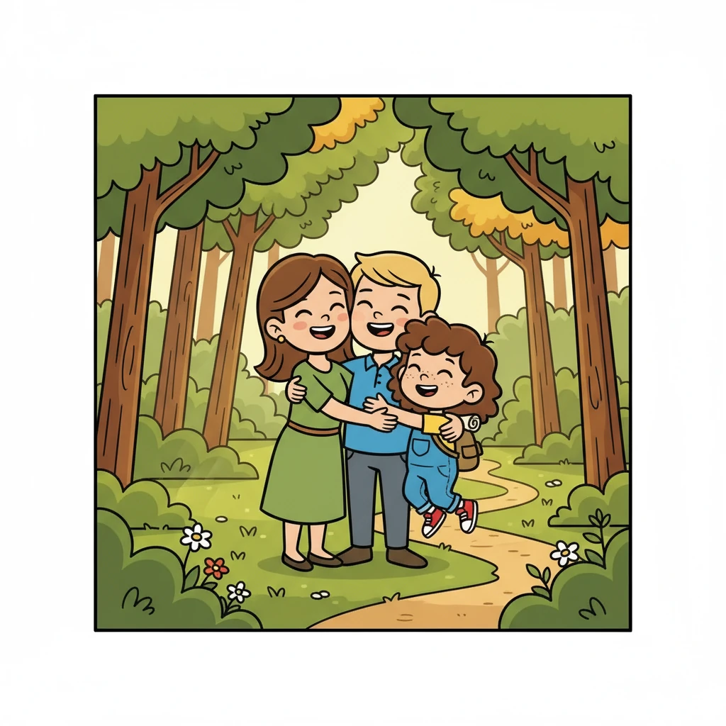 In the distance, they heard a familiar voice. Their parents! Following the sound, they burst into a clearing, where their parents rushed to embrace them. Safe and sound, Lily and Tom knew they would always remember their adventure in the Whispering Woods, and the power of their love and friendship.