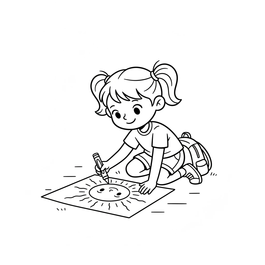 First, Lily drew a big, round sun. It was just an outline, a happy circle with wiggly rays, but she wished it could shine bright yellow.