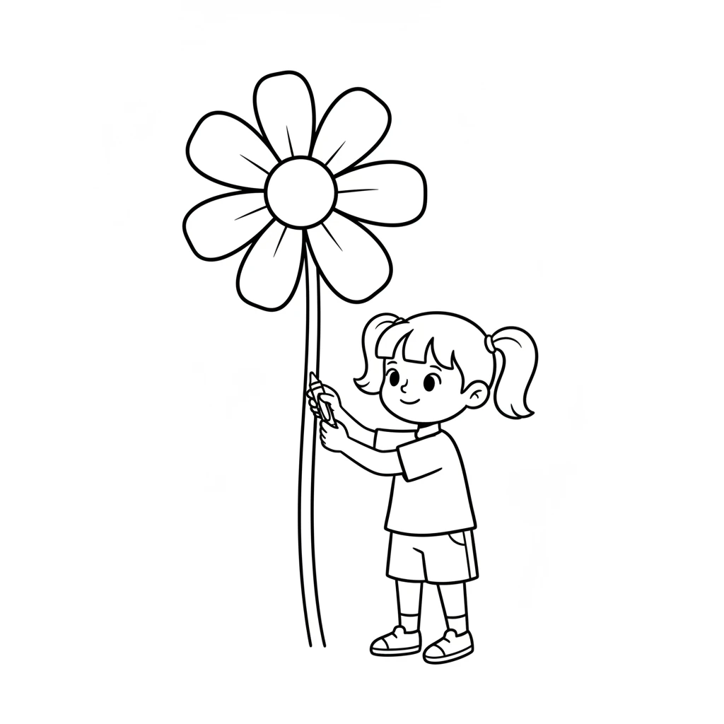 Next, she drew a tall, happy flower. It had a long stem and big, round petals. Lily imagined it bursting with red and green, but for now, it was just a simple black shape.