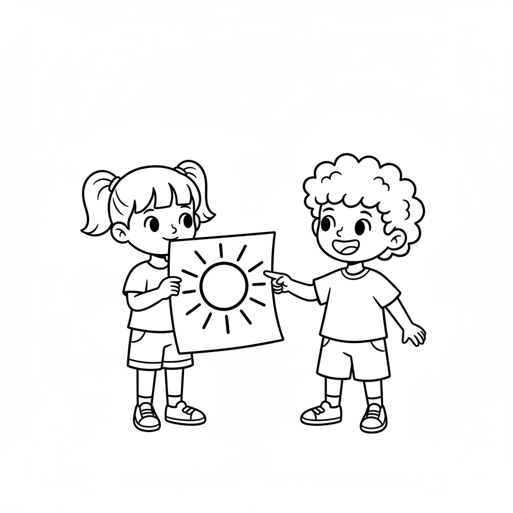 She showed the sun drawing to Tom. Tom smiled big. "I see a big, bright yellow sun!" he exclaimed, pointing to the outline.