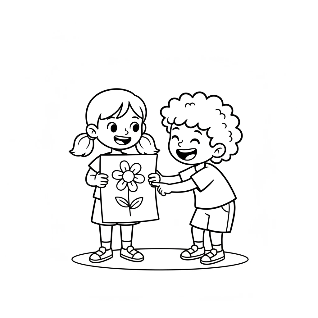 Then, Lily showed the flower drawing to Mia. Mia giggled. "My flower has red petals and a green stem!" she said, tracing the lines with her finger.