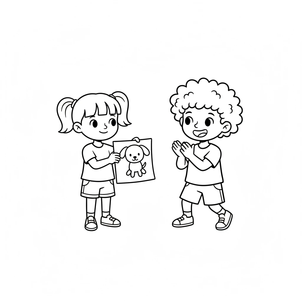 Finally, Lily showed the puppy drawing to Sam. Sam clapped his hands. "My puppy is fuzzy brown and ready to play!" he declared, looking at the simple shape.
