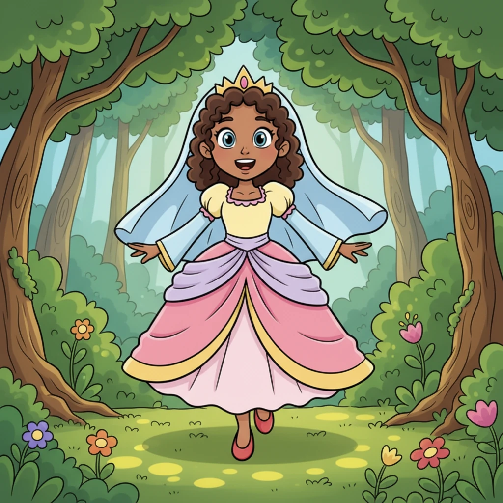 Princess Lyra, her elegant veil fluttering, strolled happily through the Whispering Woods. Sunlight dappled through the emerald leaves, painting cheerful patterns on the mossy ground as she hummed a joyful tune.