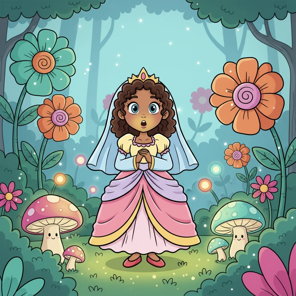 She discovered a secret clearing, bursting with giant, whimsical flowers and luminous mushrooms that glowed with a soft, friendly light. Lyra paused, her eyes wide with wonder, admiring the magical beauty.