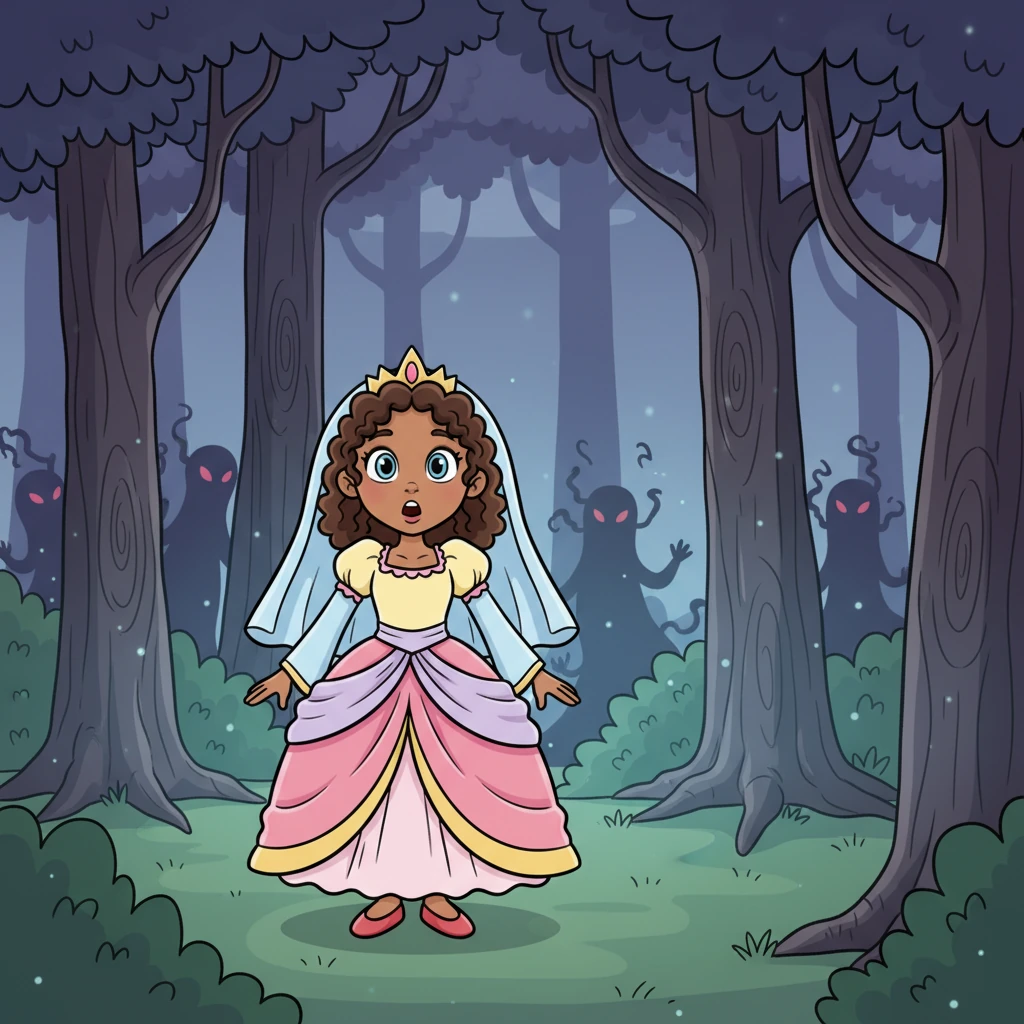 Suddenly, the air grew chilly, and the vibrant colors of the forest seemed to dim. Strange, shadowy shapes began to stir behind the ancient trees, their forms indistinct and eerie.