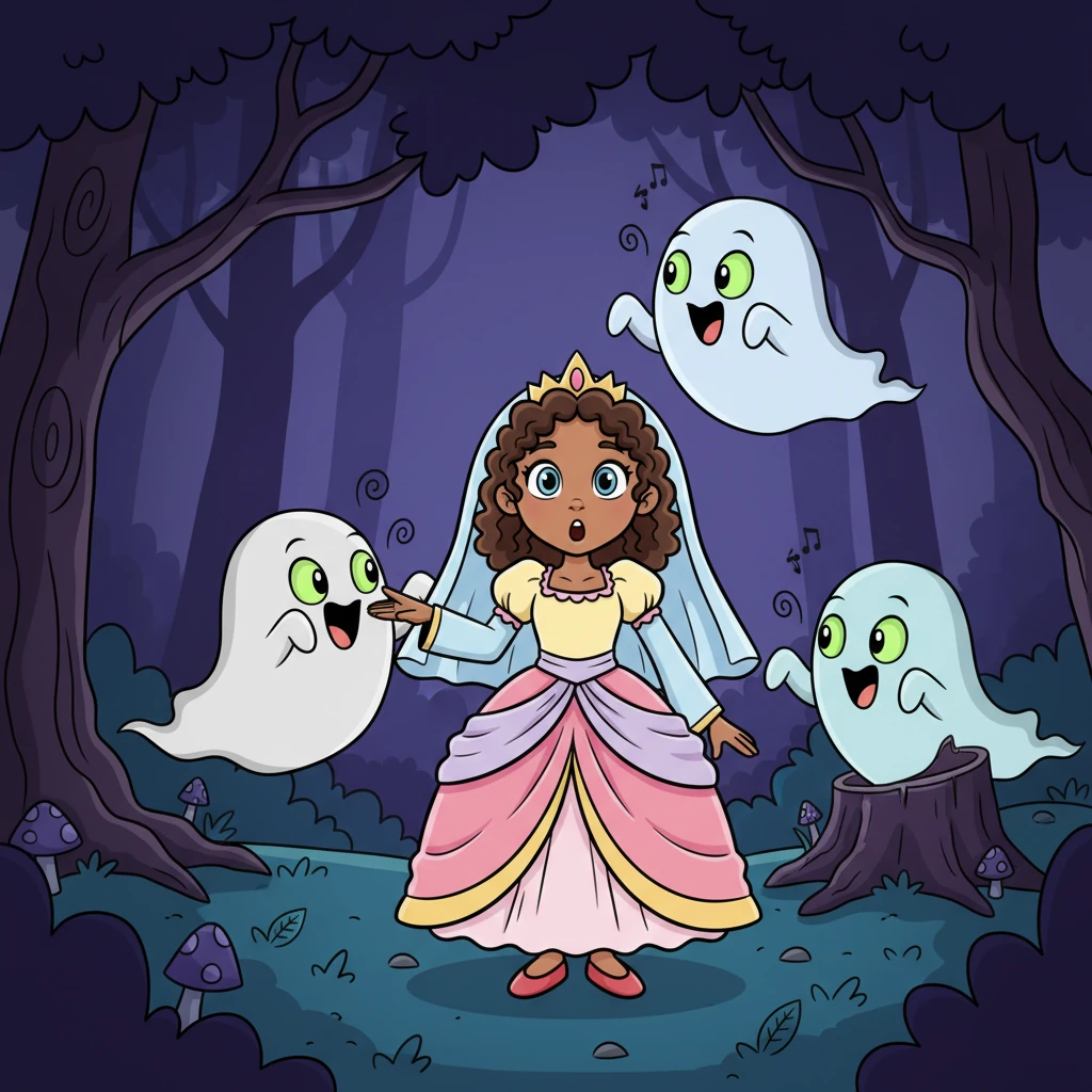 From the deepest shadows, a group of comically spooky ghouls emerged, their exaggerated eyes glowing a mischievous green. They floated about, making playful, spooky noises, more curious than truly menacing.