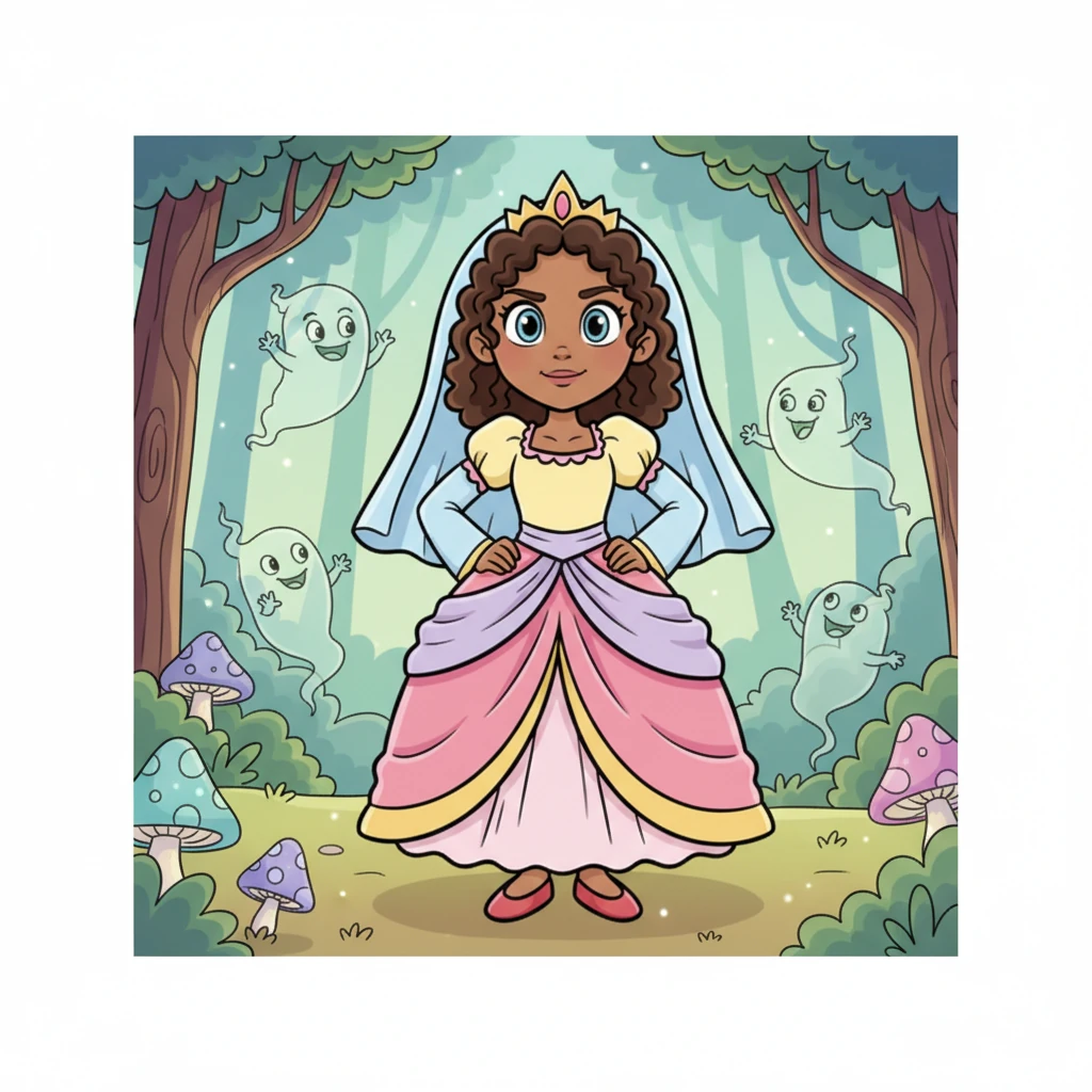 Princess Lyra, though startled for a moment, quickly stood her ground. A determined spark shone in her expressive eyes, showing she was not easily frightened by these silly forest specters.