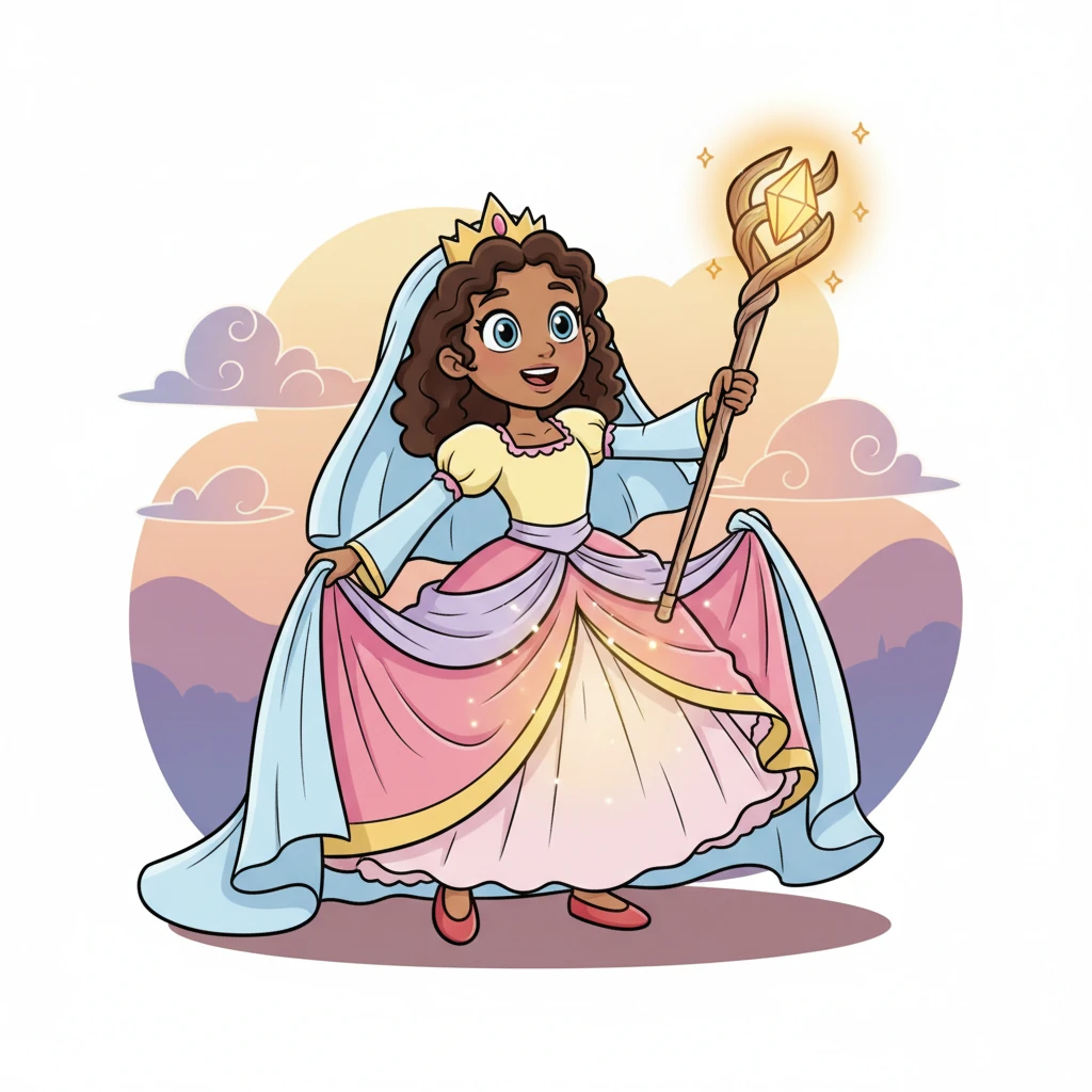 With a flourish, she reached beneath her flowing cloak and revealed a beautiful, glowing staff. It wasn't a weapon, but a magical conductor of light, pulsing with a warm, friendly energy.