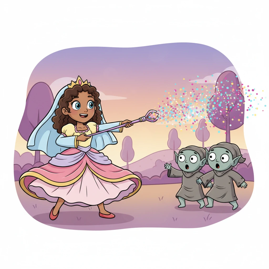 With a confident twirl, Lyra aimed her staff at the ghouls. A cascade of shimmering, colorful light burst forth, scattering like magical confetti towards the surprised creatures.