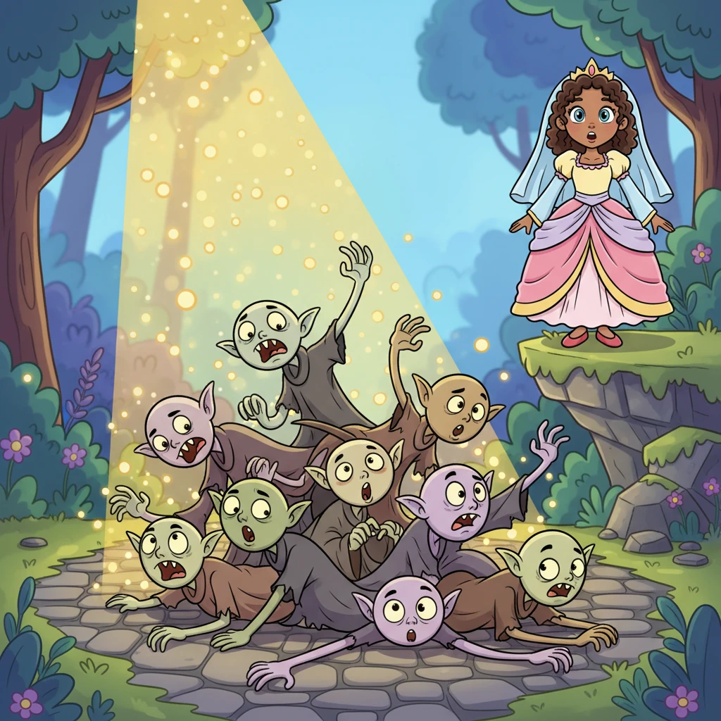 The ghouls, completely taken aback by the sudden shower of cheerful light, began to flail their long, exaggerated limbs in comical confusion. They tumbled over each other in a heap, looking more silly than scared.