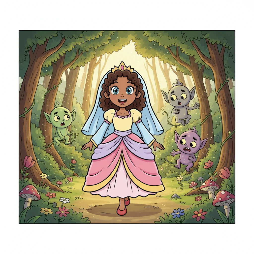 Princess Lyra smiled, her veil swaying gently in the now brightened forest. With the mischievous ghouls playfully bewildered, she continued her journey, leaving the woods even more magical than before.