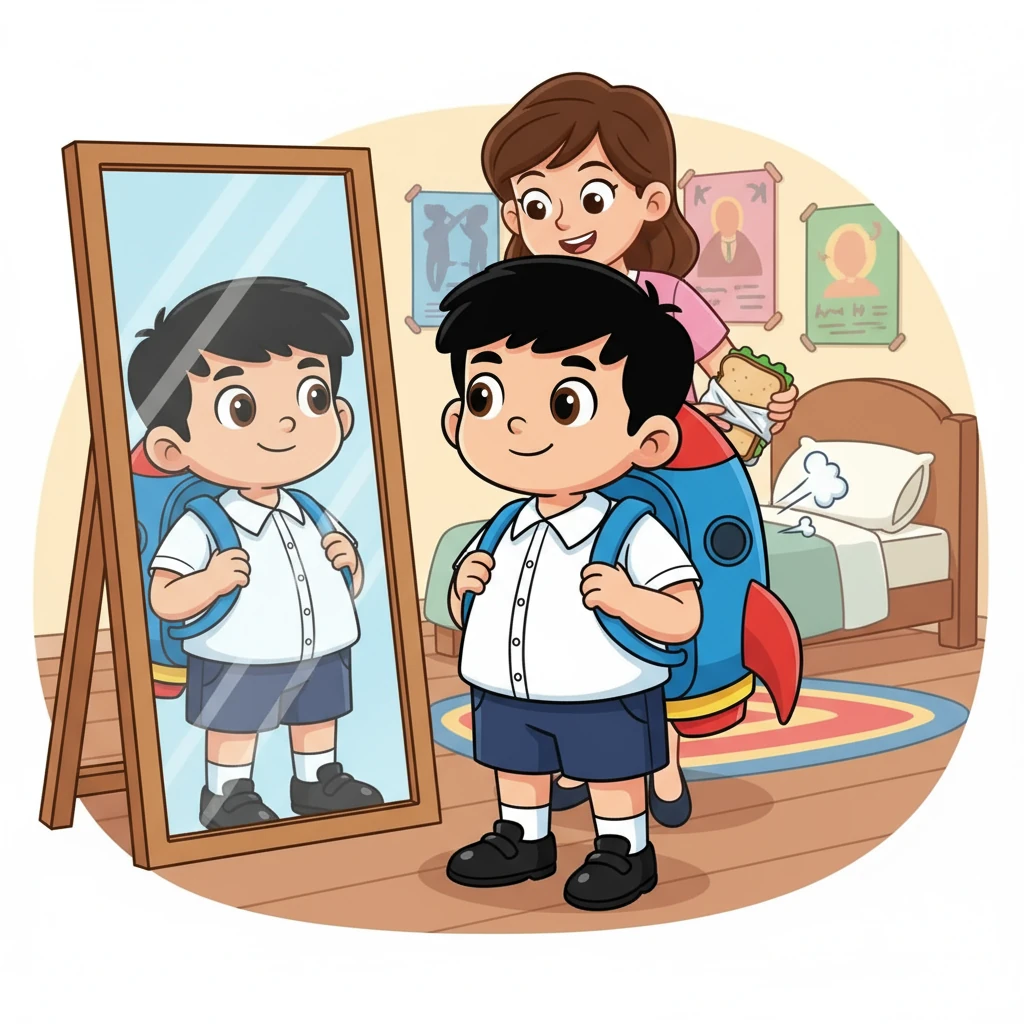 Kaio vestiu o uniforme novo, um pouco grande. Olhou no espelho, a mochila de foguete cheirava a novo. Dentro, a mamãe colocou seu sanduíche favorito.