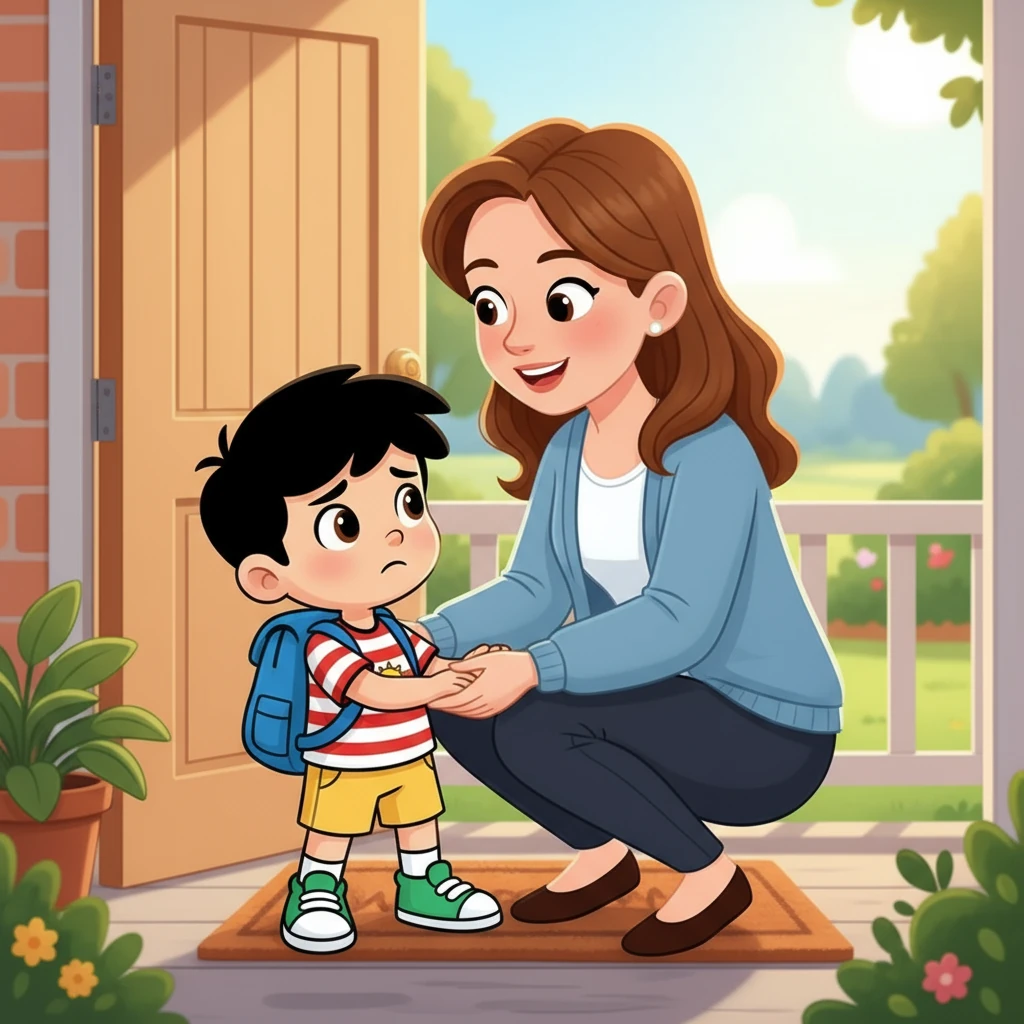 Na porta de casa, a mamãe se abaixou, segurando suas mãos. “Você vai se divertir, meu filho”, disse ela. Kaio segurava a perna dela. “E se eu sentir saudades?”, perguntou Kaio.