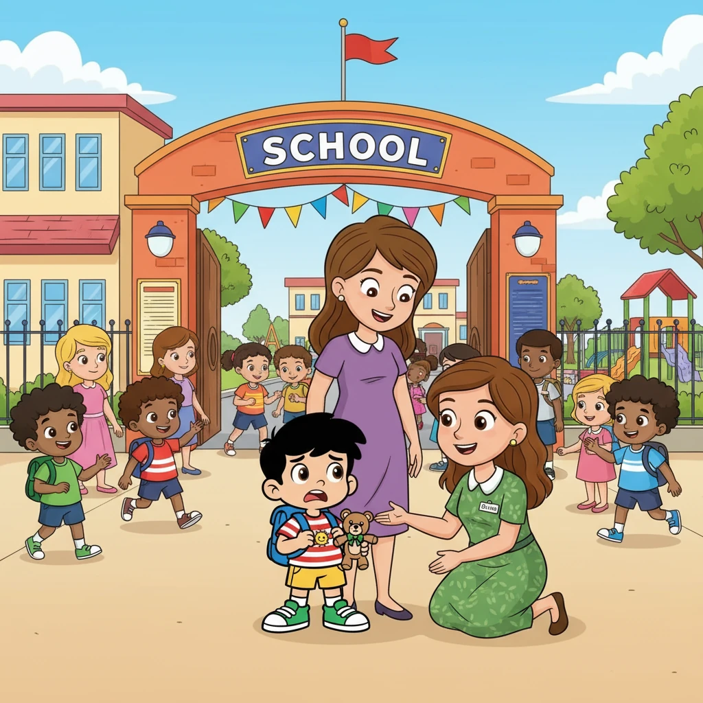 Chegando à escola, o coração de Kaio batia forte. Tantas crianças, tantos barulhos! Ele se agarrou à perna da mamãe. A tia Sofia veio recebê-lo com um sorriso.