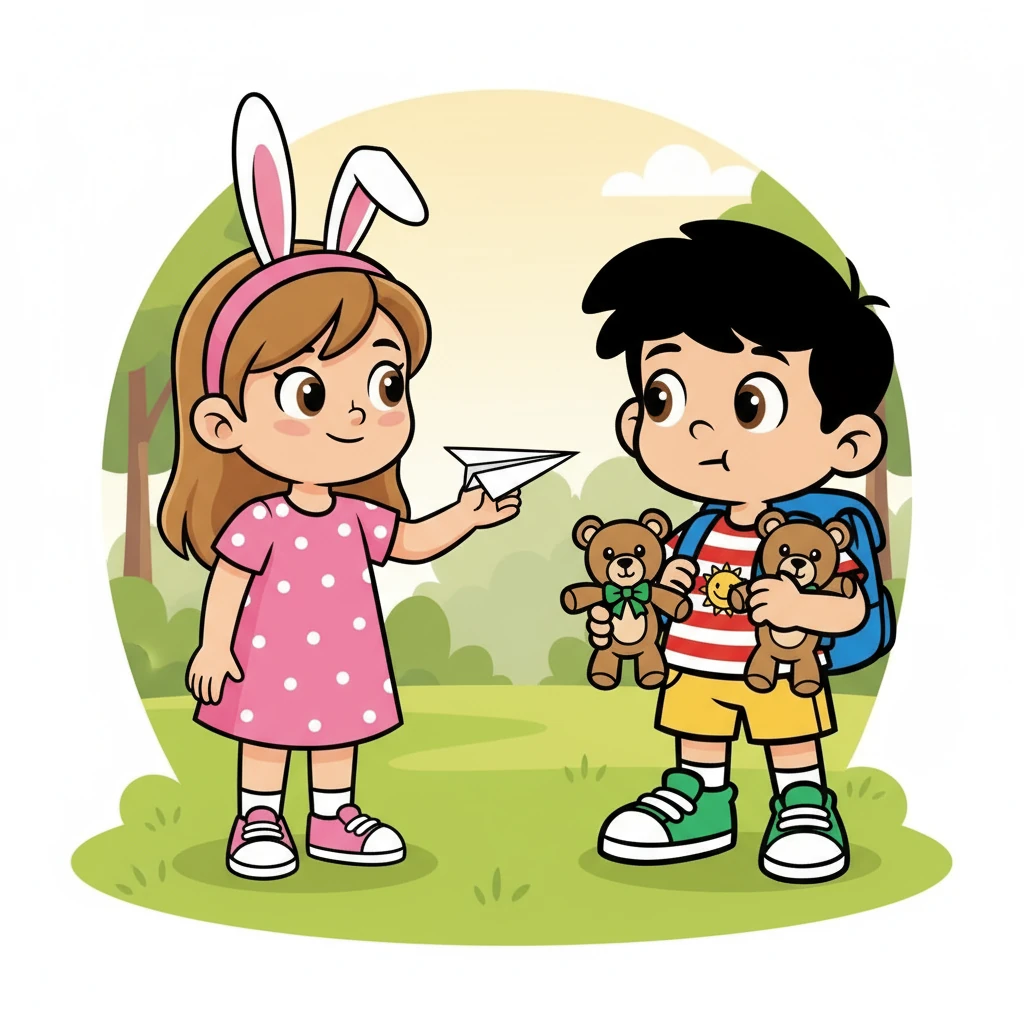 Foi então que Lara, com um laço de coelha, se aproximou. “Meu nome é Lara. Quer ajudar meu avião a voar?”, perguntou ela, estendendo um avião de papel.