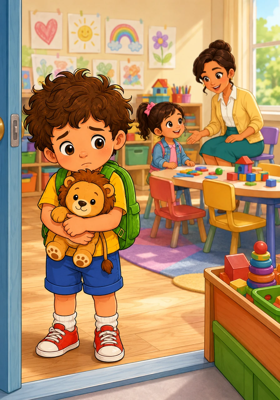 Leo es un niño de cuatro años con rizos alborotados y una mochila verde que hoy entra por primera vez a su salón de clases. El aula está llena de juguetes brillantes, mesas de colores y dibujos colgados en las paredes, pero Leo se siente un poco tímido y se abraza a su peluche.