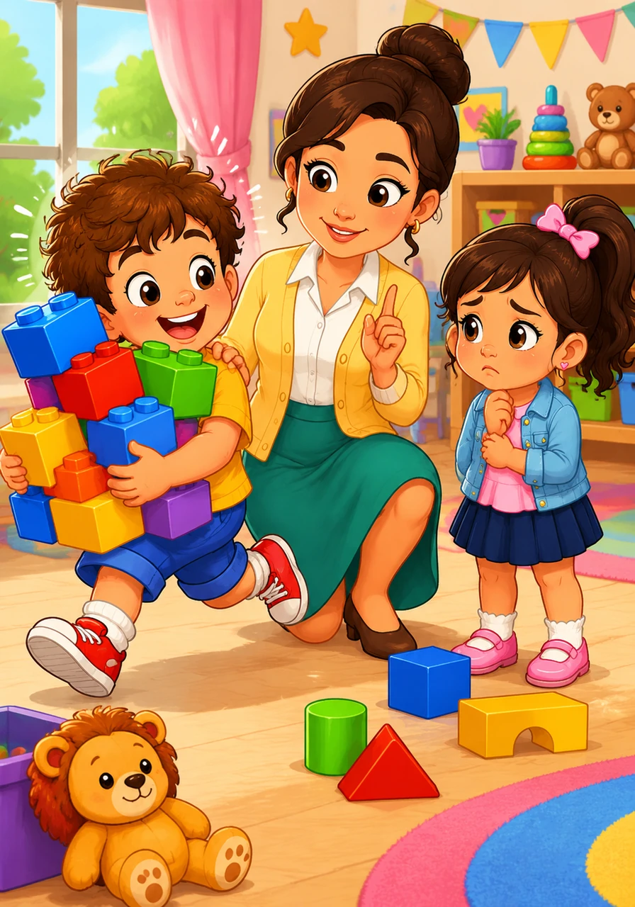 Al ver una torre de bloques gigantes, Leo corre emocionado y toma todos los cubos para él solo, dejando a una niña llamada Mía sin nada con qué construir. La maestra, con una sonrisa dulce, se acerca y le explica suavemente que en el salón compartimos los juguetes para que todos puedan divertirse.
