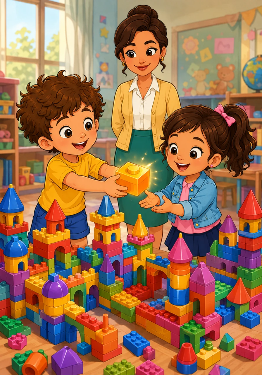 Leo lo piensa un momento, sonríe y le extiende un gran bloque brillante a Mía para construir juntos. Enormes castillos y torres de colores se levantan en la mesa mientras ambos niños ríen, descubriendo que jugar acompañados es mucho más divertido.