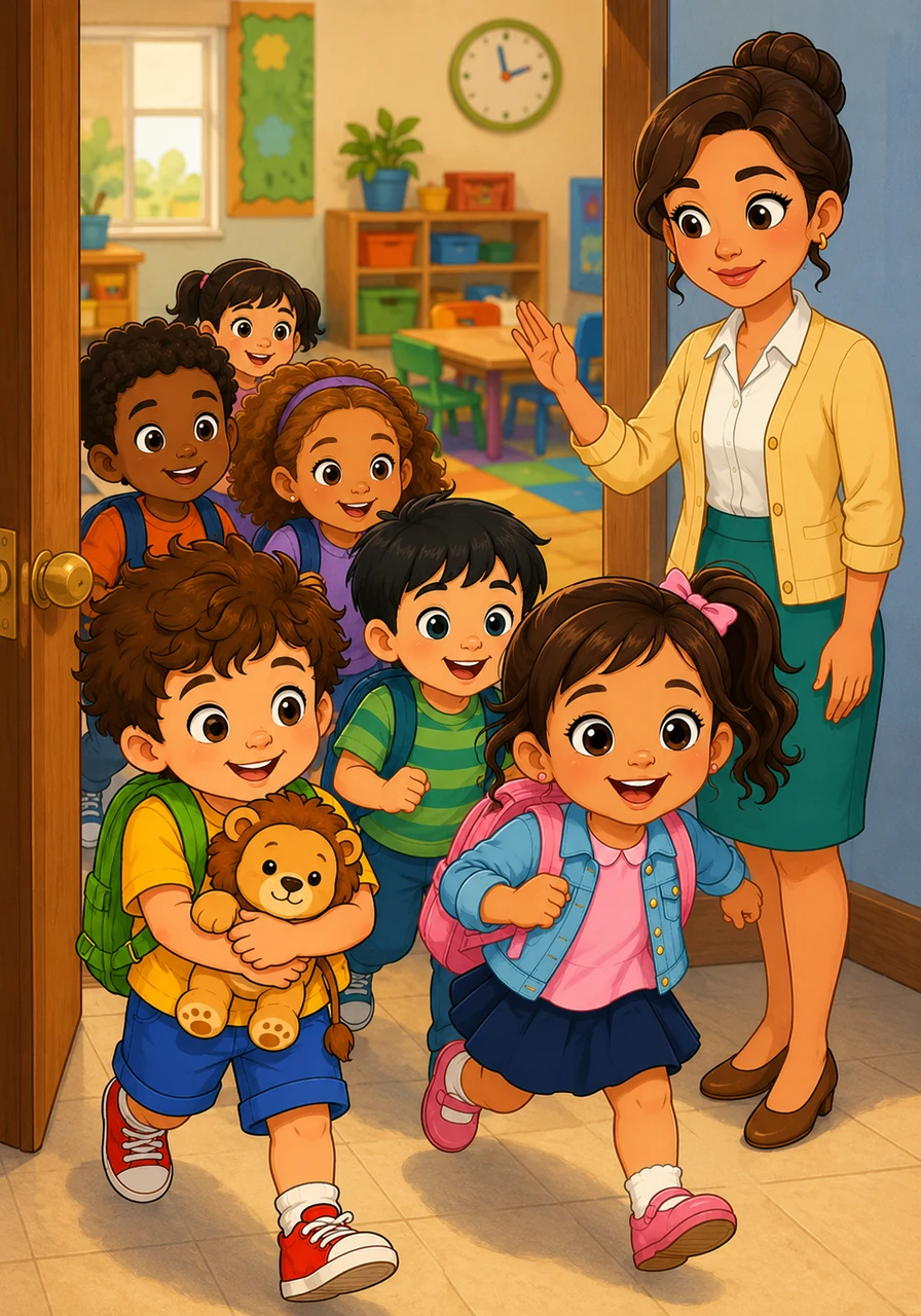 De pronto, suena una campanita musical que anuncia la hora del almuerzo, y todos los niños corren apresurados empujándose en la puerta. La maestra levanta una mano suavemente para recordarles que para evitar caídas y cuidar a los amigos, debemos caminar despacio y en fila.