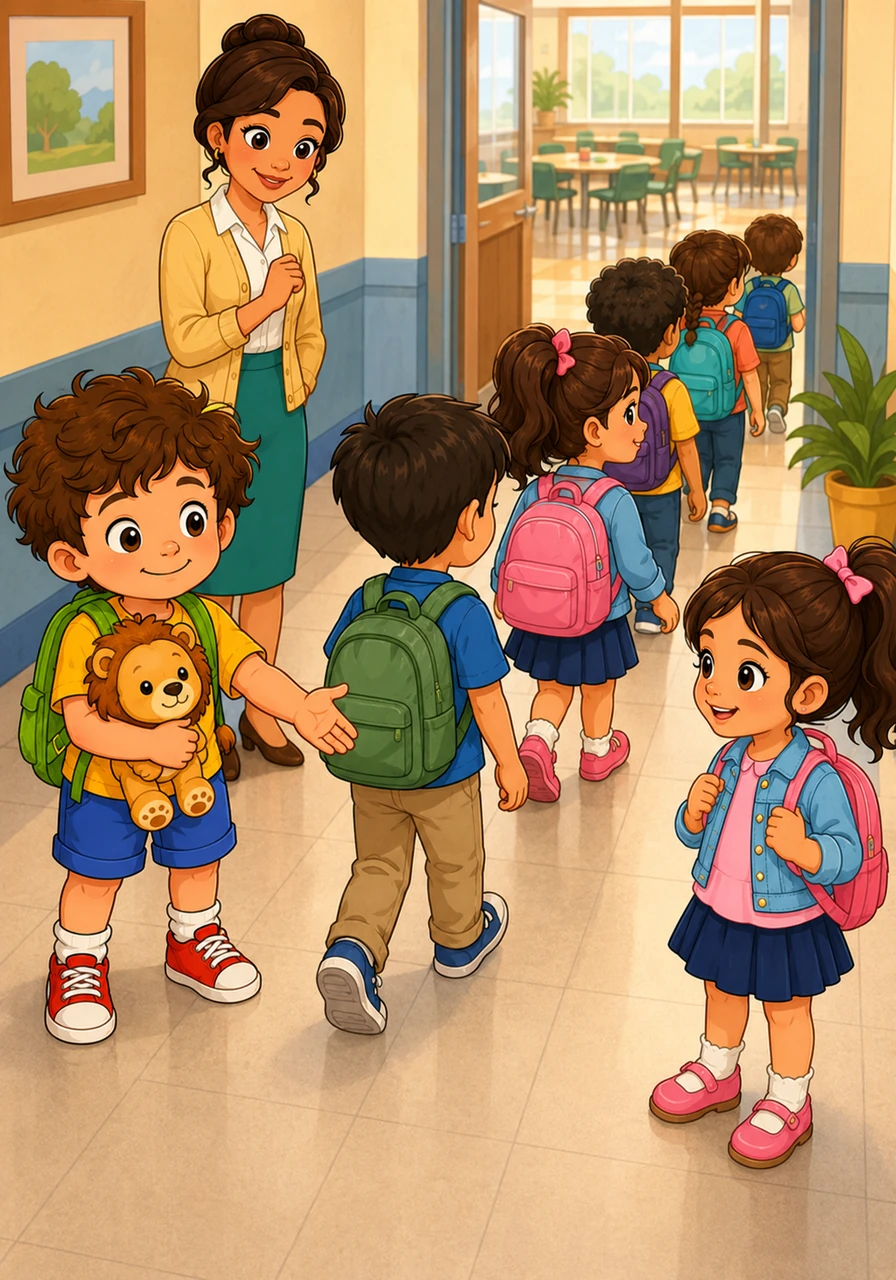 Leo se detiene, respira hondo y le cede el paso a su compañero Santiago con una gran sonrisa. Los niños avanzan como un tierno tren de hormiguitas, caminando tranquilos y seguros hacia las mesas del comedor.