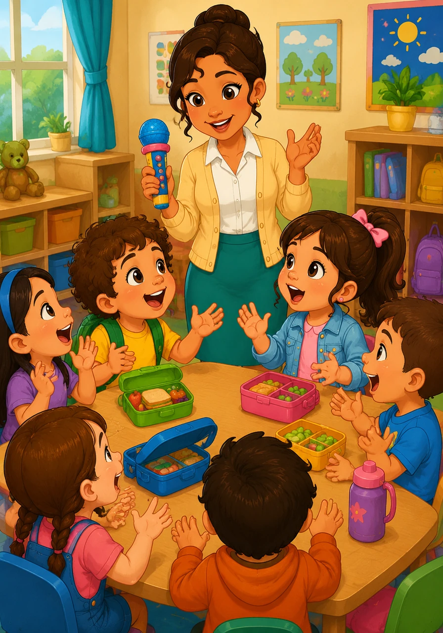 Durante el almuerzo, todos quieren hablar al mismo tiempo, creando un enorme alboroto donde nadie logra escucharse. La maestra les enseña el juego del micrófono mágico, explicando que debemos escuchar con atención cuando un amigo habla y levantar la mano para pedir nuestro turno.