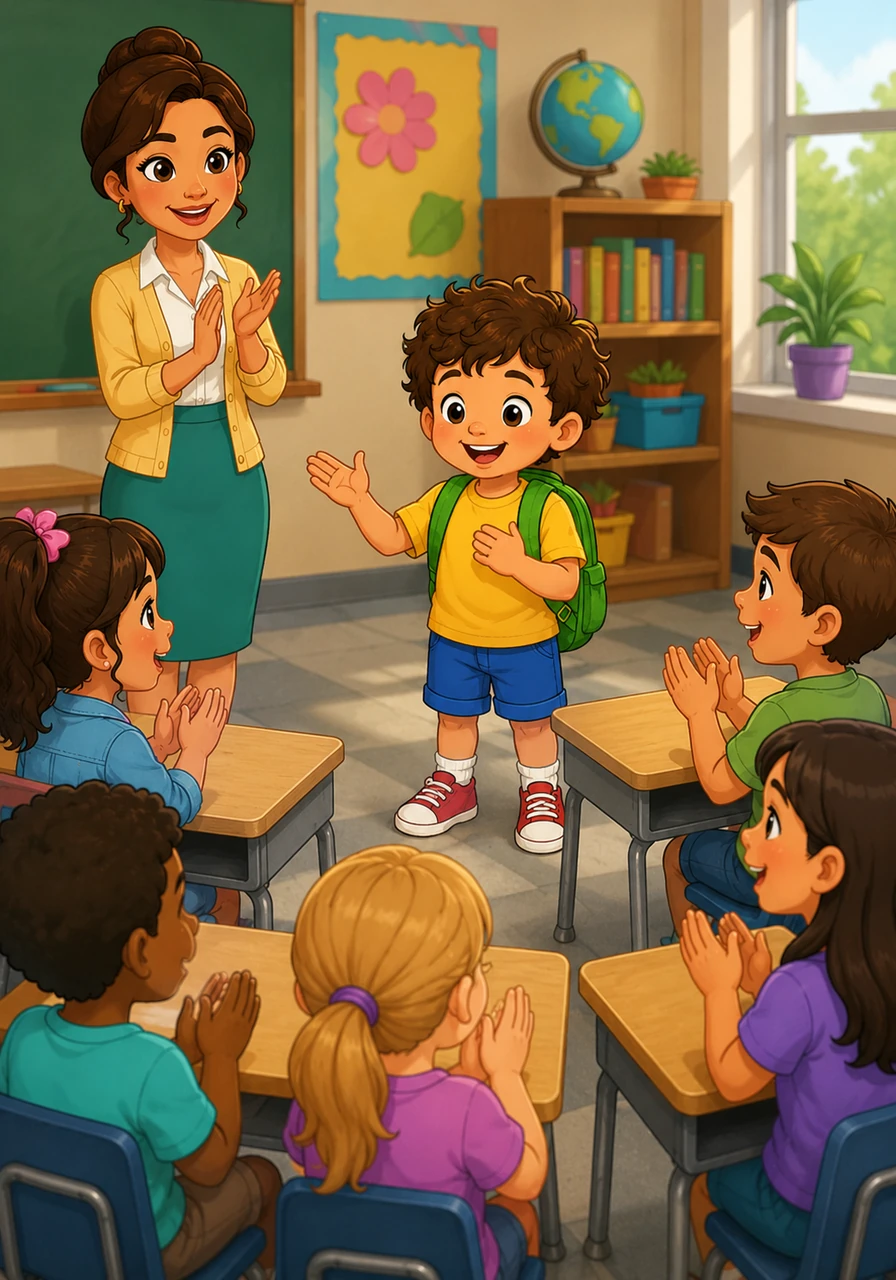 Leo levanta su mano derecha pacientemente esperando que termine su compañera, y cuando la maestra le da la palabra, comparte su historia con voz clara. Todos lo escuchan atentos y aplauden, haciendo que Leo se sienta muy feliz y respetado.