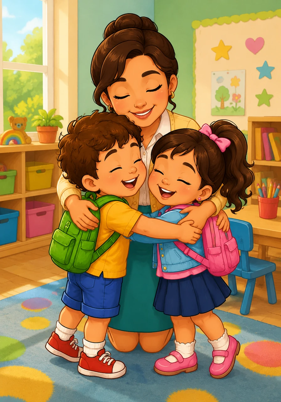 Antes de irse a casa, todos los niños se dan un fuerte abrazo grupal llenos de alegría por el gran día que compartieron. Leo se pone su mochila verde, sabiendo que el salón es un lugar mágico donde las reglas nos ayudan a ser mejores amigos y a convivir felices.