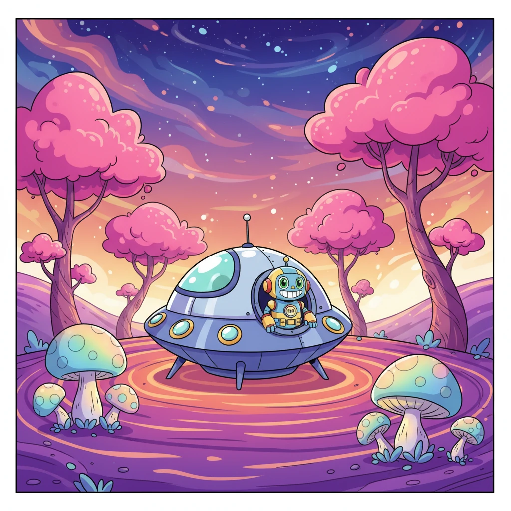 Bolt's shiny, round spaceship gently touches down on a vibrant purple and orange planet. Swirling alien trees with bright pink leaves dot the landscape, and giant, bouncy mushrooms glow softly. Bolt, a small, cheerful robot with big, curious eyes, peeks out from the hatch, its metallic body gleaming with curiosity.