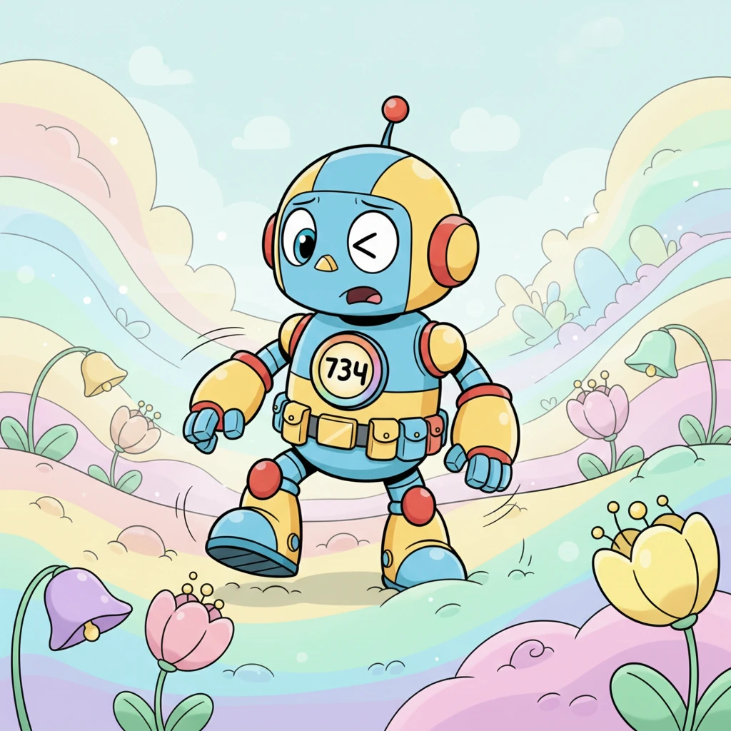 Bolt steps onto the squishy, rainbow-colored ground, looking around with wide, blinking optics. Strange, bulbous flowers chime with tiny bells as a gentle breeze passes by. Bolt feels a little wobbly and unsure, its antennae twitching nervously as it takes in the completely new and wondrous world.