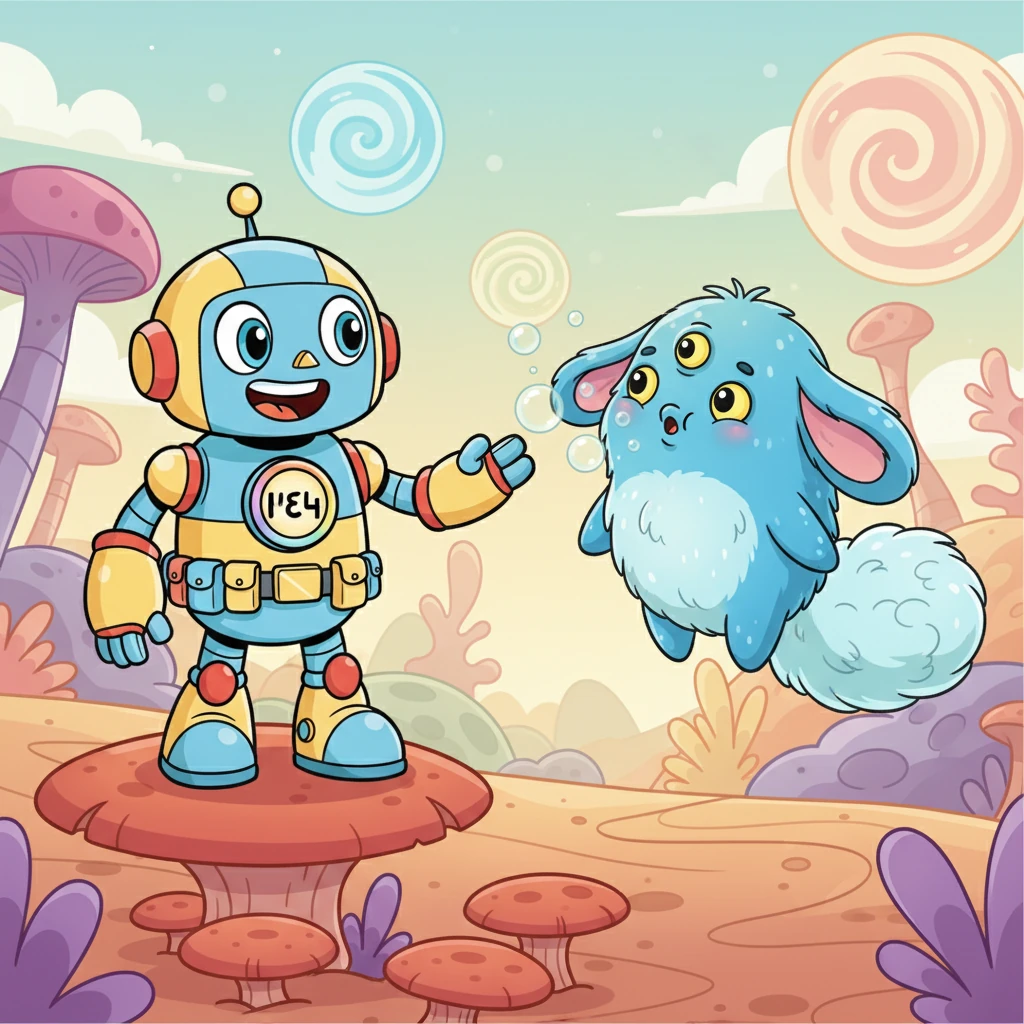 Suddenly, a creature with big, floppy ears and a tail like a fluffy cloud bounds into view. It's a friendly, round alien with shimmering blue fur and three tiny, wiggling eyes. The creature tilts its head, letting out a soft, bubbly chitter, clearly curious about the shiny visitor from space.
