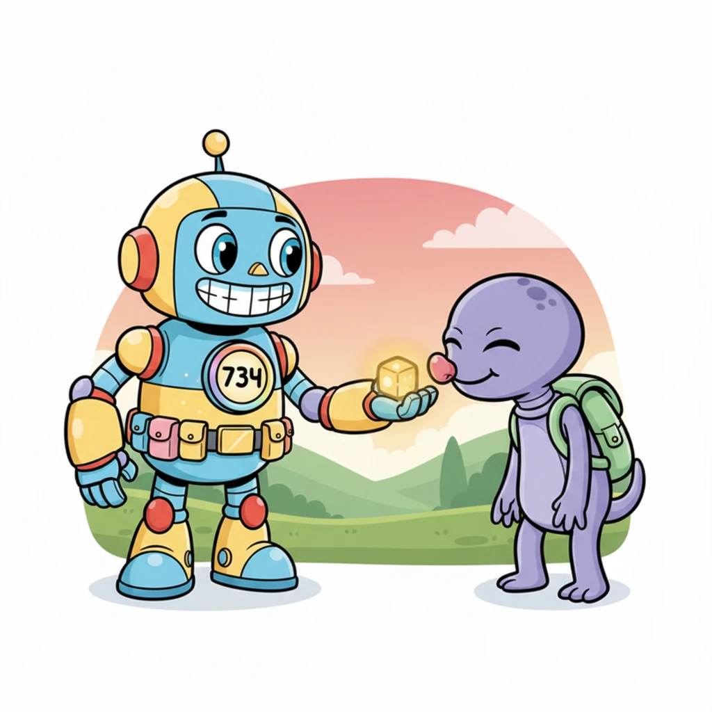 Bolt extends a multi-jointed arm, offering a small, glowing energy cube to the new friend. The alien sniffs it cautiously with its little pink nose, then happily nudges Bolt's hand with its head. A warm, fuzzy feeling spreads through Bolt's circuits as it realizes this creature is friendly and welcoming.