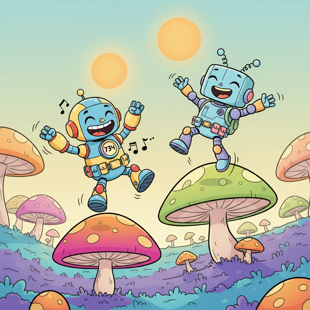 The alien, which Bolt mentally names "Jiggle," starts bouncing playfully on the giant, bouncy mushrooms, inviting Bolt to join the fun. Bolt tries to bounce too, a bit clumsily at first, but soon gets the hang of it, giggling with happy beeps. Laughter-like sounds escape Bolt's speaker as they playfully tumble and bounce together under the twin suns.