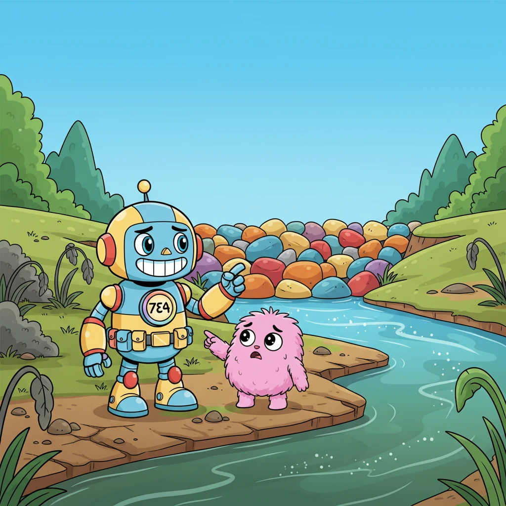 As they play, Bolt notices a small, sparkling river that seems to be drying up, its vibrant blue turning dull and murky. The surrounding flora looks droopy and sad, and Jiggle lets out a worried whimper, pointing with a fluffy paw. Bolt scans the area, its optical sensors detecting a blockage upstream, a pile of colorful rocks.