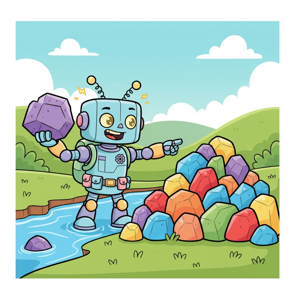 Bolt points its arm towards the pile of colorful, oddly shaped rocks that have dammed the river's flow. With a determined whir and clank, Bolt uses its strong, magnetic hands to carefully lift and move the heavy, jagged rocks. Its gears whir and lights flash with concentrated effort as it works diligently to clear the path.