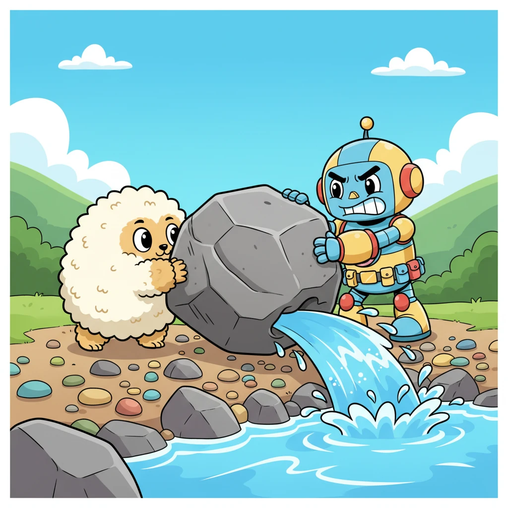 Jiggle, seeing Bolt struggling with a particularly large and stubborn rock, nudges it with its strong, fluffy head. Together, they push the final, massive boulder out of the way with a mighty heave. The water gushes forth, sparkling with renewed life, flowing freely down the riverbed once more.
