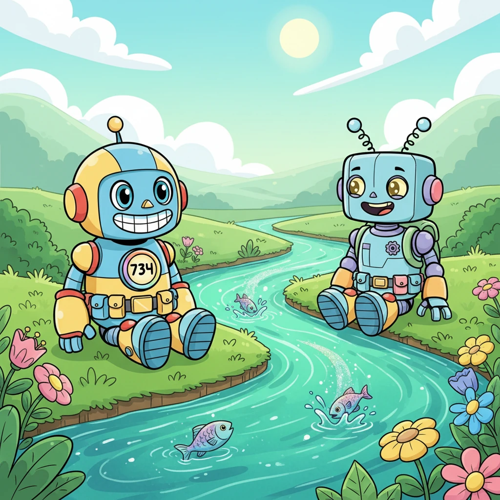 Bolt and Jiggle sit peacefully by the now vibrant, flowing river, watching the playful alien fish swim by with shimmering scales. Bolt realizes this strange new planet feels less scary and more like a wonderful home, with a new best friend by its side. It knows it has found a place where it belongs, ready for many more exciting adventures.