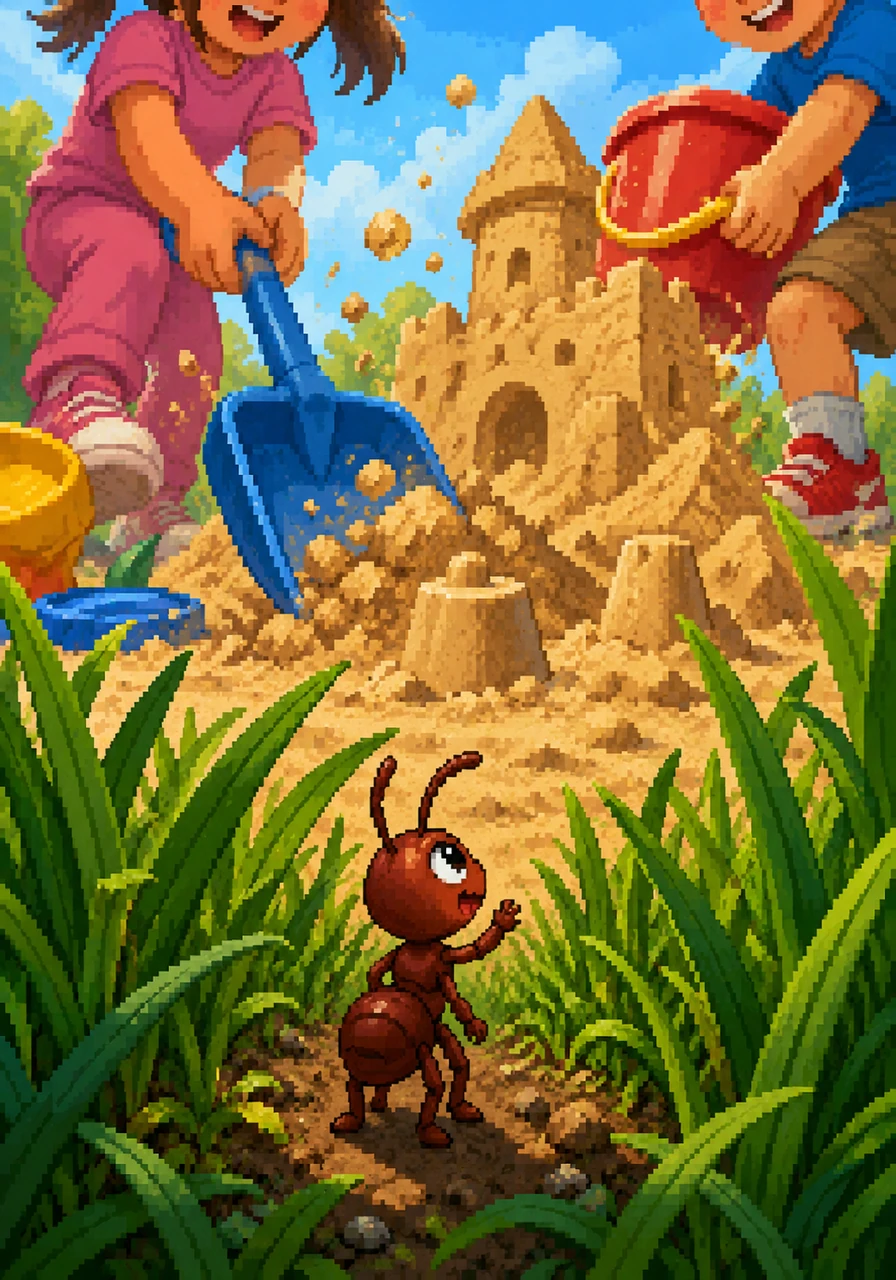 Pip was a tiny, cheerful ant who lived in a bustling colony beneath the tall green grass of a suburban backyard. Today, the ground trembled with excitement as a group of happy children ran into the yard to build a magnificent sandbox castle. From down below, Pip watched in awe as giant plastic shovels and bright buckets came crashing down, creating a whole new landscape to explore.