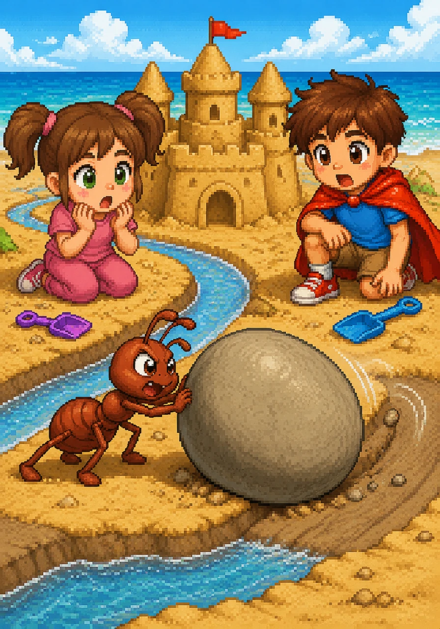 The children were trying to build a moat around their grand castle, but a massive, smooth pebble was completely blocking their plastic trowels. Pip noticed their frustrated sighs and decided to help, marching right up to the heavy stone with his strong ant legs. With a mighty push, Pip nudged the pebble just enough for it to roll away, making the children gasp in amazement at the incredibly strong little ant.