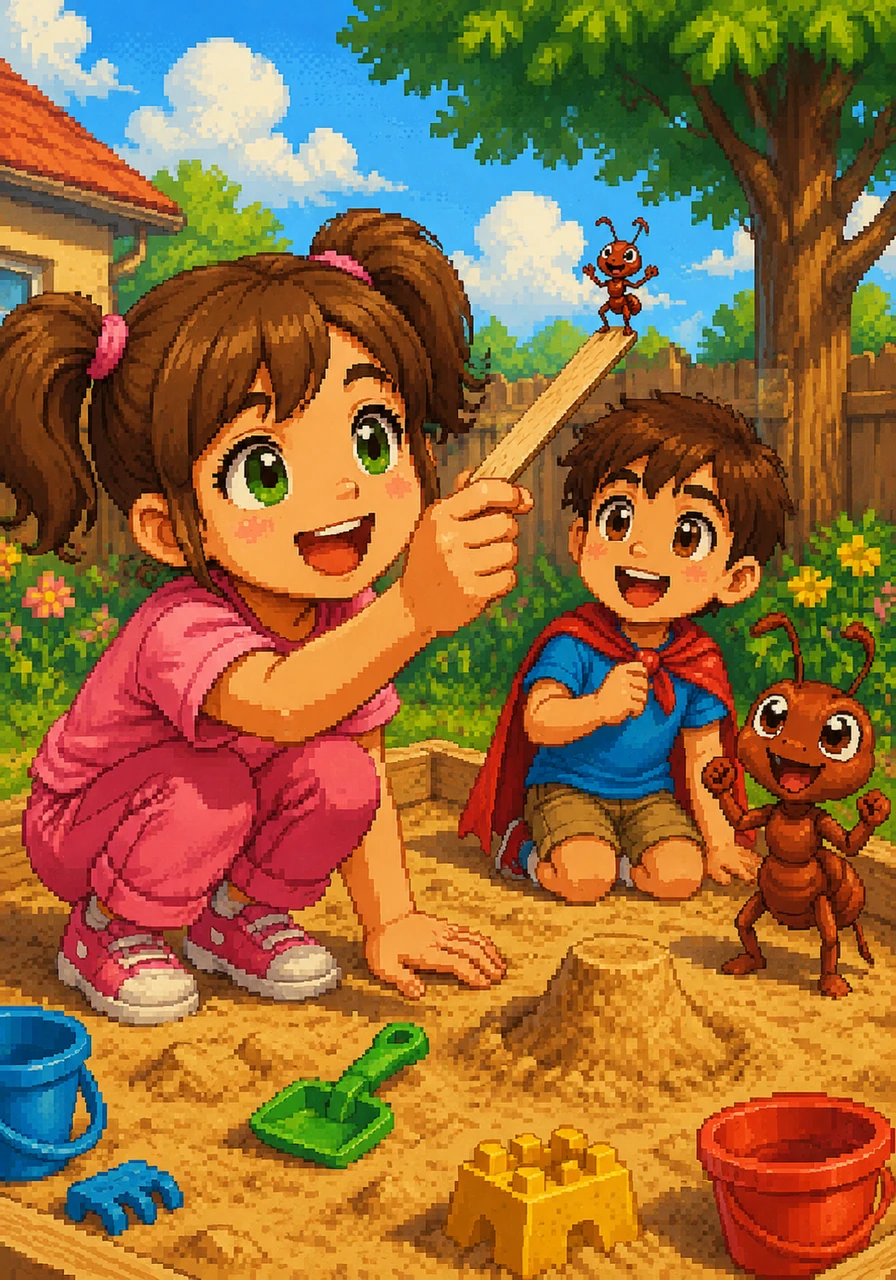 Seeing how helpful Pip was, a little girl named Lily bent down and gently extended a long, smooth popsicle stick as a bridge. Pip climbed aboard without fear, waving his tiny antennae as Lily lifted him up to see the sandbox from high in the sky. The children giggled, suddenly realizing that even the smallest creatures in the yard could be great friends.