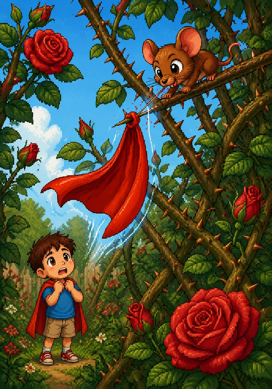 Suddenly, a gust of wind blew Leo's favorite shiny red toy cape right into the branches of a thorny rosebush where no human hand could reach. Pip knew this was his moment to shine and scurried down the popsicle stick, marching bravely into the prickly maze. He navigated the sharp thorns with ease, using his sharp little jaws to snip the thread that caught the cape and sending it drifting safely back to the ground.