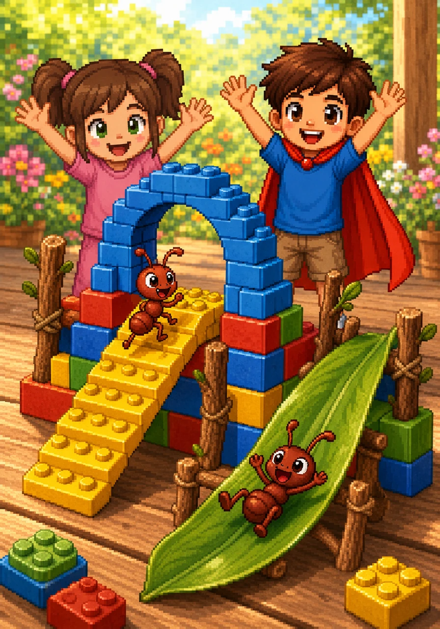 To celebrate Pip's bravery, the children decided to build a special obstacle course just for him out of colorful building blocks and twigs. Pip happily scurried up a bright yellow ramp, looped around a blue archway, and slid down a smooth green leaf while the kids cheered him on. It was the most exciting playground an ant had ever seen, and Pip's tiny heart swelled with joy.