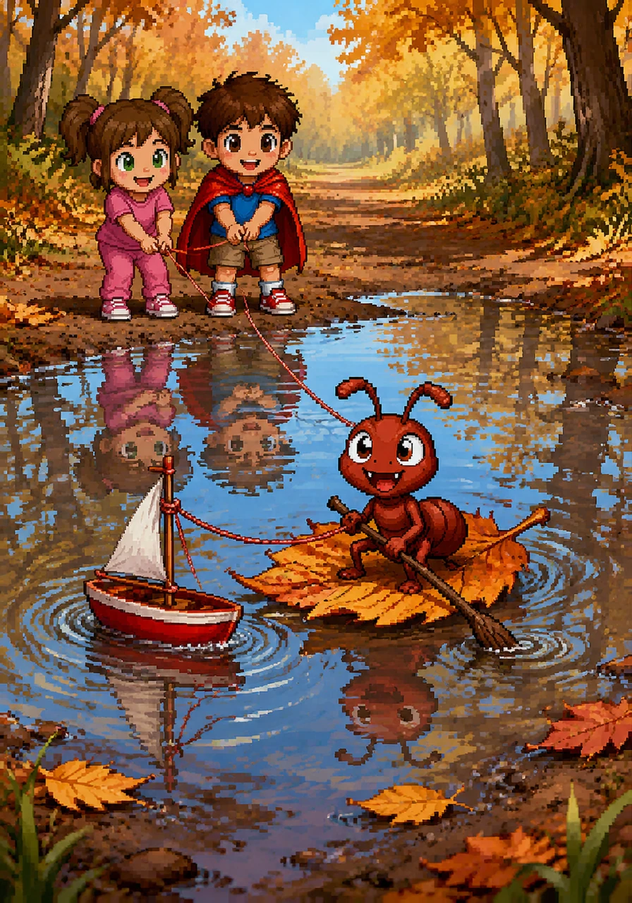 As the afternoon went on, a sudden splash occurred when Leo accidentally dropped his toy sailboat into a deep puddle, far out of reach. Pip didn't hesitate; he hopped onto a floating autumn leaf and used a tiny twig as an oar to paddle out across the ripples. He tied a piece of stray yarn to the boat's mast, allowing the children to gently pull their favorite toy back to dry land.